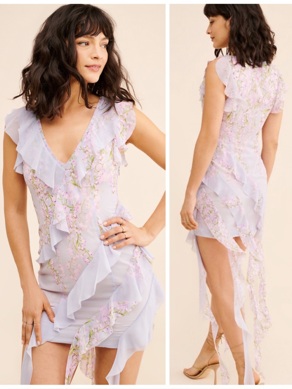Elliatt Mediterranean Mini Dress Light Lavender Floral Print Cascading Ruffle